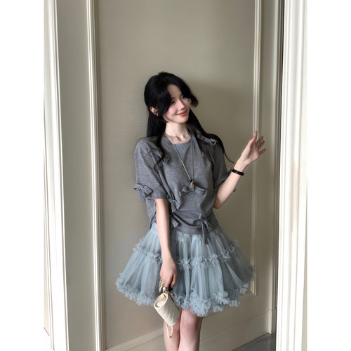 DARA ROSE-夏上新复古蝴蝶结设计款甜美灰色套头小衫短袖T恤