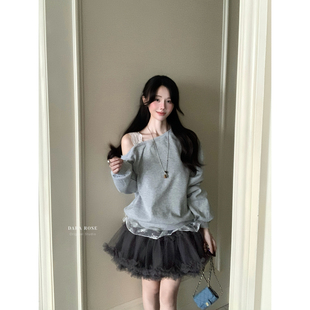 不规则露肩蕾丝边拼接甜美浅灰色卫衣 2026早春上新设计款