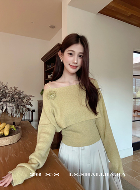 26早春上新时尚休闲慵懒百搭气质长袖斜肩设计感小衫(含6羊毛)