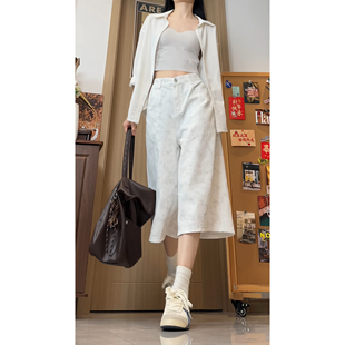 B329 GY7016P55 牛仔短裤 白色扎染高级感纯棉中性阔腿七分裤