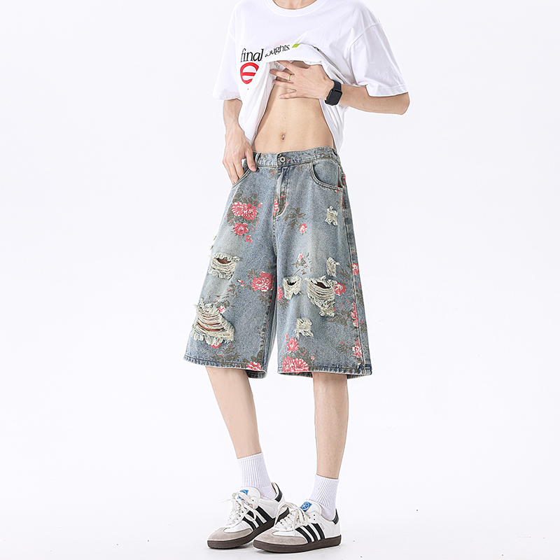 夏季百搭花短裤时尚休闲美式街头破洞五分牛仔短裤B329-KS338P43，男装牛仔裤，电商B329