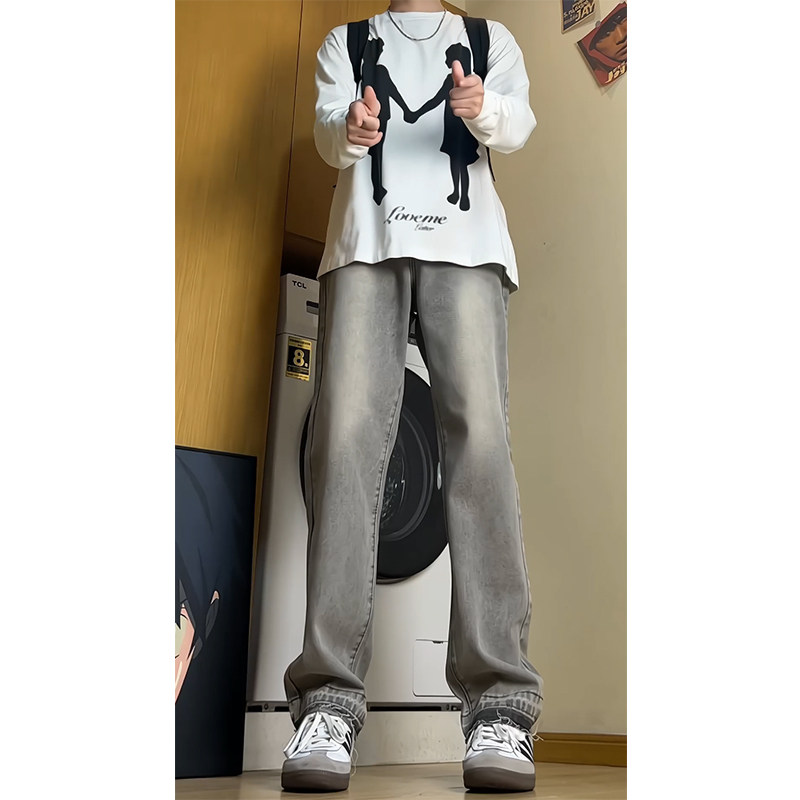 2025春季灰色大码裤脚毛边宽松牛仔裤水洗B329-KS2308P52控78Q,男装牛仔裤,电商B329