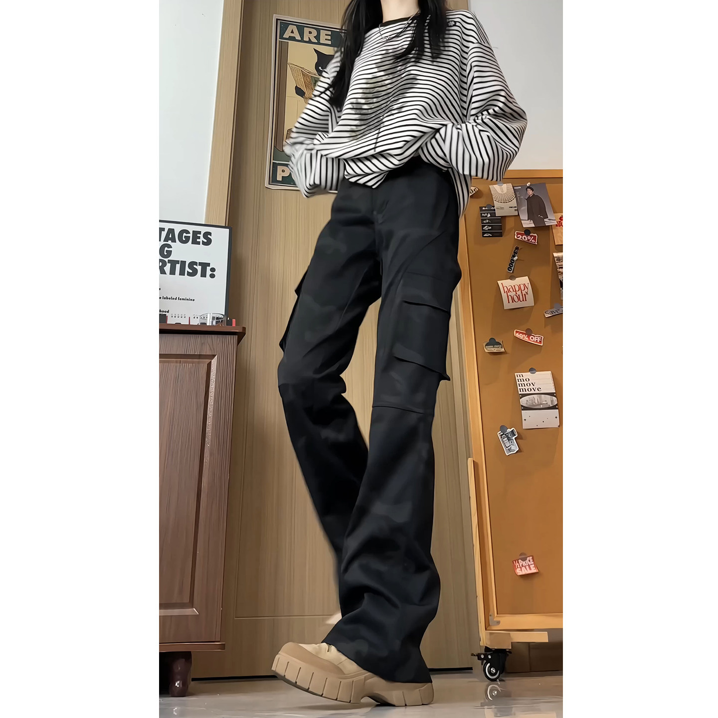 港风秋季美式中性工装裤高街男女微喇休闲裤子TJ088P48控69,男装工装外套,电商B329