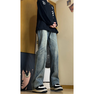 蓝色微喇牛仔裤男款春秋季2025新款cleanfit潮牌水洗宽松阔腿长裤图片