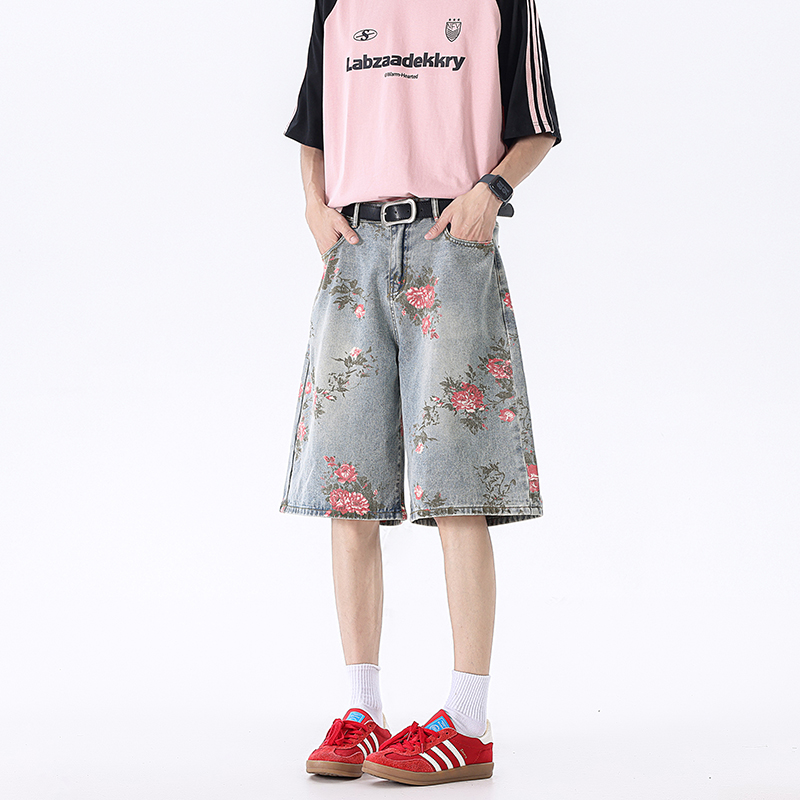 2025夏季花短裤时尚休闲美式街头五分牛仔短裤B329-KS339P43，男装牛仔裤，电商B329