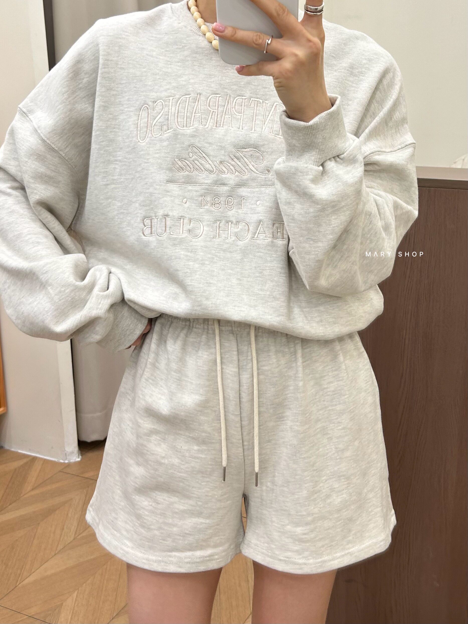 包邮韩国东大门正品 春季简约百搭刺绣卫衣运动短裤燕麦色套装女