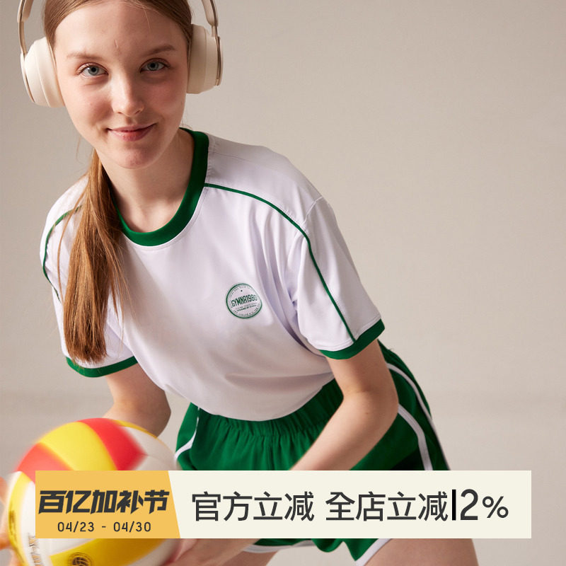 小溪家美式运动短袖女速干宽松休闲学院风上衣跑步健身训练服T恤