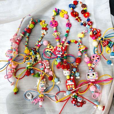 原创可爱挂款手机链diy彩色串珠包包挂件ccd相机挂绳蝴蝶结