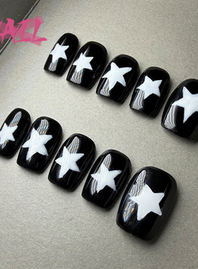 手工短款穿戴甲短方款手绘星星黑色美甲片精致显白