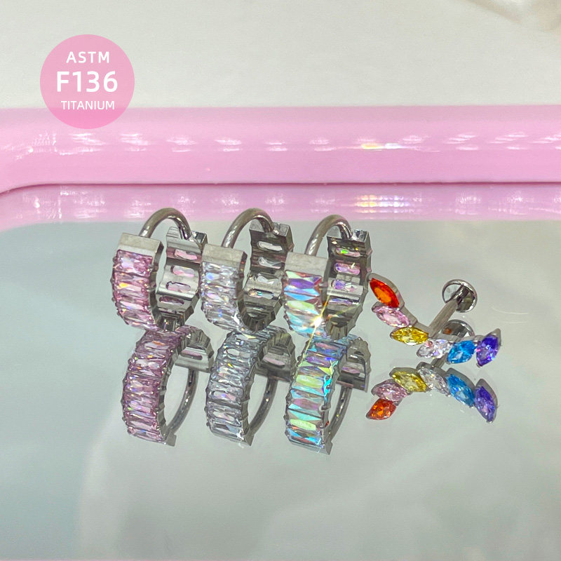 F136钛合金耳骨钉彩虹耳排方糖耳圈冰糖方钻耳骨环防过敏耳扣穿孔