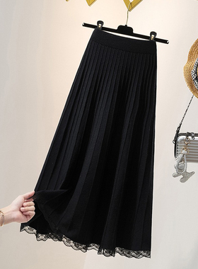 春季大码装针织半身裙2026新款胖显瘦黑色中长款蕾丝边裙子0115k