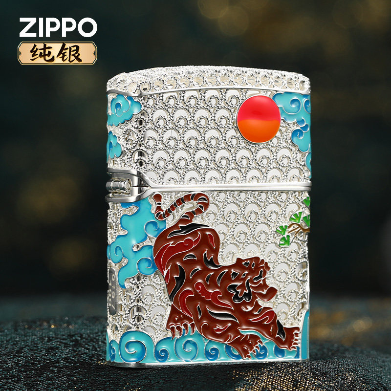 ZIPPO打火机纯银925珐琅花丝生肖虎高档限量收藏男士煤油防风外壳