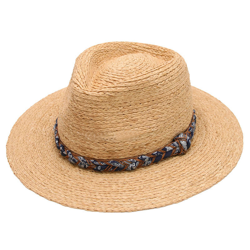 拉菲草帽男士巴拿马帽子女士防晒遮阳礼帽爵士帽沙滩草编宽檐平檐