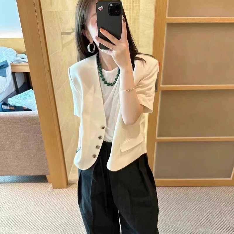短款小个子棉麻西装外套女2025夏季新款韩版宽松单排扣短袖小西服