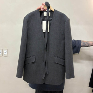 飘带V领西装 宽松时尚 外套女高级灰单排扣西服潮 韩版 2025春秋新款