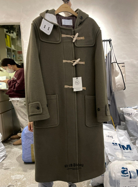东大门学院风牛角扣连帽加厚呢子大衣2023秋冬新款韩版宽松外套女