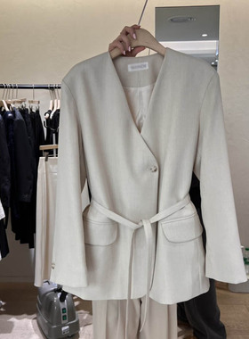 春季新款时尚系带V领西装外套女2026韩版宽松高级感一粒扣小西服