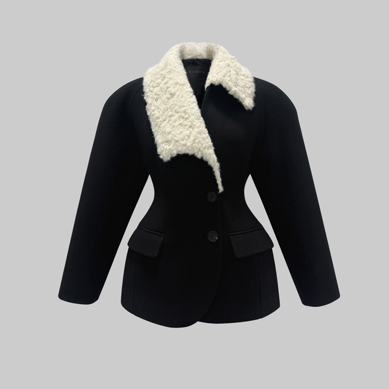 2025年冬季新款韩版收腰显瘦沙漏加厚不对称毛领拼接羊毛呢外套女