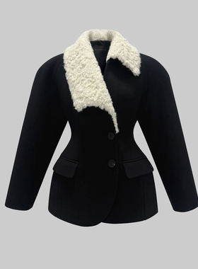 2025年冬季新款韩版收腰显瘦沙漏加厚不对称毛领拼接羊毛呢外套女
