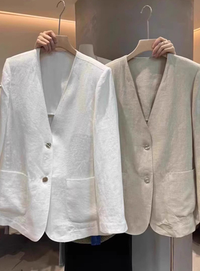 棉麻西装外套女2026春夏新款时尚休闲V领设计感薄款亚麻西服上衣