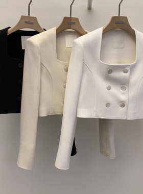 短款小西装外套女2026春秋季新款韩版宽松时尚方领炸街双排扣西服