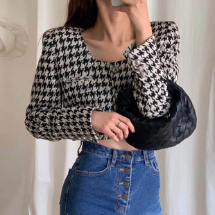千鸟格子短款西装外套女2025春秋新款韩版宽松时尚方领单排扣西服
