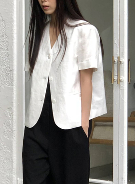 棉麻短袖西装外套女2026夏季新款韩版宽松休闲单排扣短款西服上衣