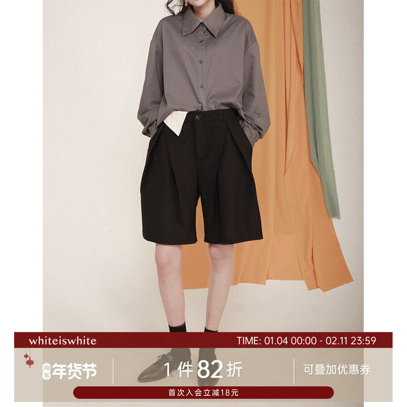 whiteiswhite 高腰阔腿裤修身垂感显瘦高级感宽松黑色西装短裤女,女装/女士精品,休闲裤,淘宝优惠券,粉丝福利购,淘宝优惠卷