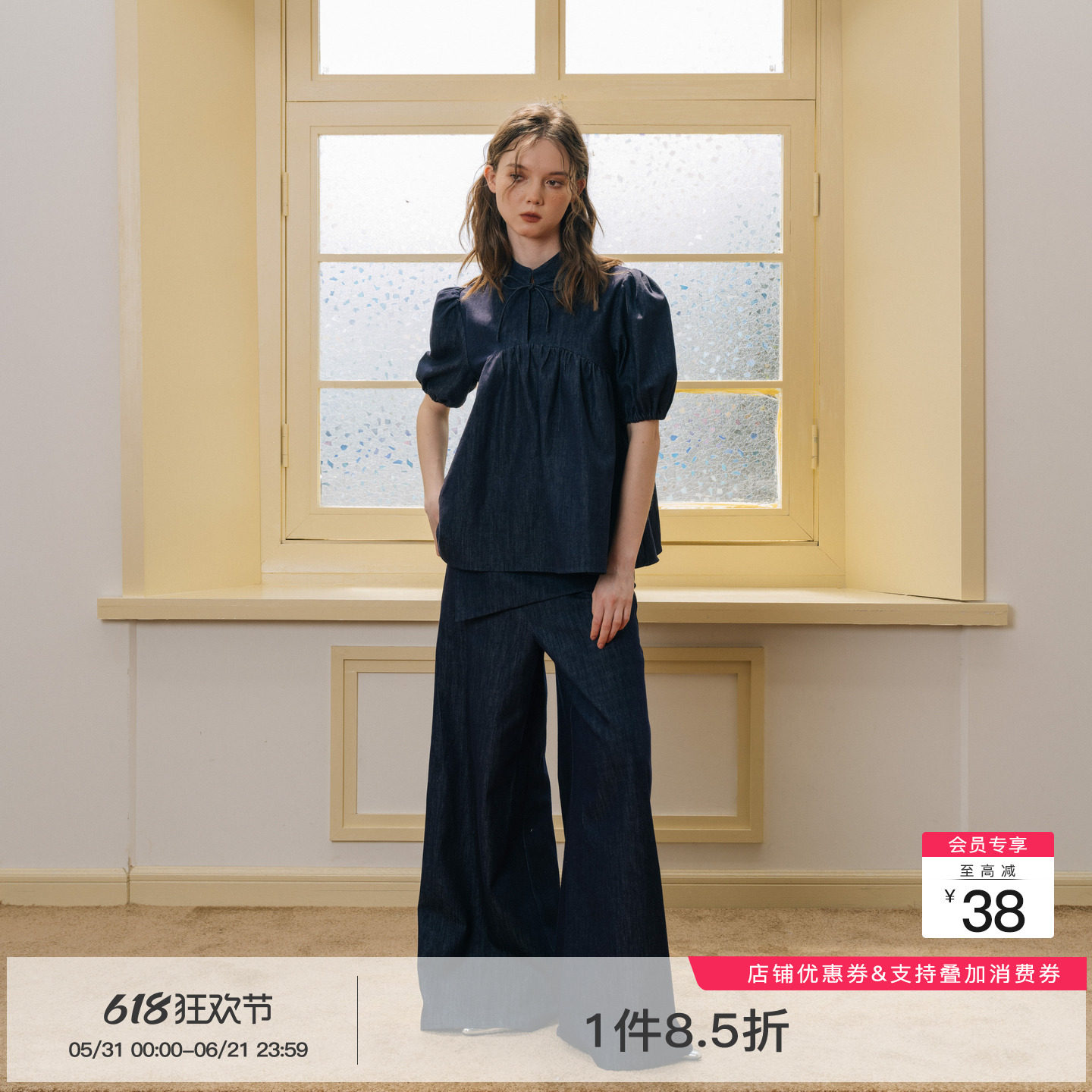 whiteiswhite 新中式牛仔立领泡泡袖蝴蝶结短袖上衣女简约百搭T恤