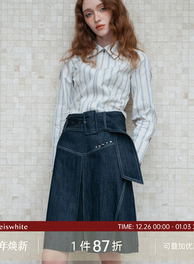 whiteiswhite 复古牛仔半身裙搭配腰带毛边设计修身显瘦a字中长裙