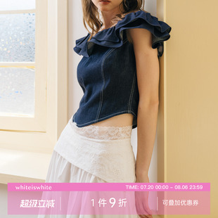 whiteiswhite荷叶边挂脖背心设计感显瘦一字肩牛仔露肩上衣女夏季
