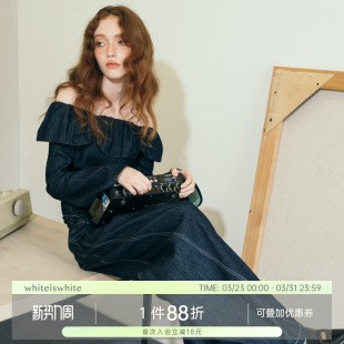 修身 新款 牛仔长袖 女春季 衬衫 whiteiswhite甜辣风一字肩上衣喇叭袖