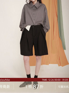 whiteiswhite 高腰阔腿裤修身垂感显瘦高级感宽松黑色西装短裤女