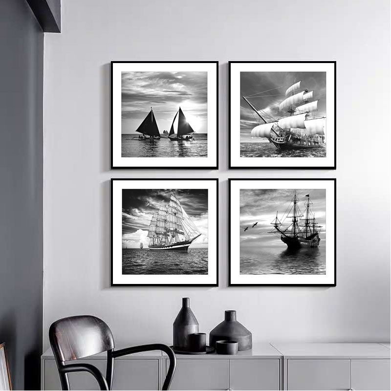 黑白装饰画帆船一帆风顺现代简约北欧挂画办公室工业风酒店墙壁画