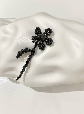 OnlyDonkey simoner*cha同款水晶串珠黑色花朵造型耳环耳夹耳针