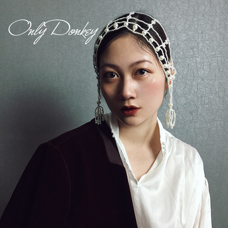 onlydonkey 手工自制珍珠串珠新娘头饰头纱发饰