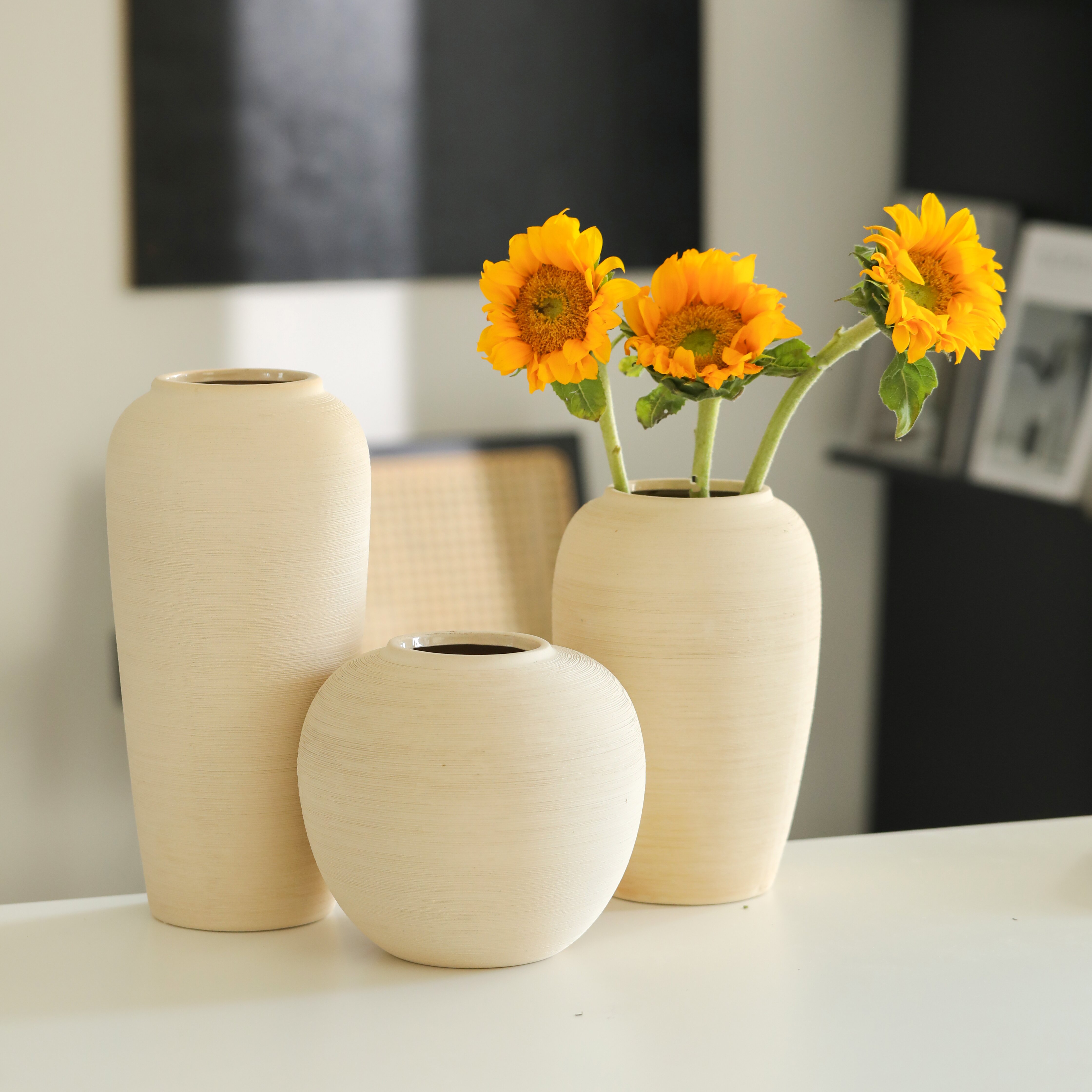 花无缺  艺术侘寂风陶瓷花瓶水培插花白色拉丝粗陶罐客厅摆件装饰