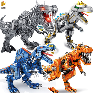 潘洛斯牌超大带灯光机械恐龙拼装积木玩具三角棘背霸王龙异特暴龙