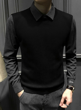 冬季假两件毛衣男士2025新款加绒针织衫商务秋冬内搭打底男装上衣
