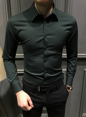 2025新款秋季高级男士长袖衬衫青年休闲修身衬衣痞帅潮流免烫上衣