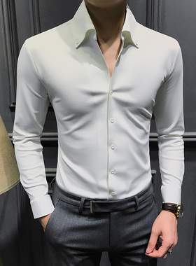 2025新款高级V领衬衫男长袖法式大领修身衬衣痞帅一片领商务男装