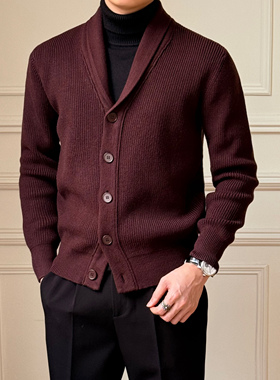 秋冬V领开衫毛衣男厚款高级英伦针织衫青果领线衣休闲保暖外套