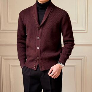 青果领线衣休闲保暖外套 高级英伦针织衫 秋冬V领开衫 毛衣男厚款
