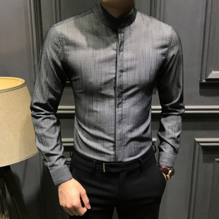 立领修身 时尚 男2025新款 衬衫 休闲衬衣潮流商务上衣寸 高级暗扣长袖