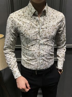 高档小碎花长袖衬衫男2025新款高级印花帅气衬衣潮流百搭男装免烫