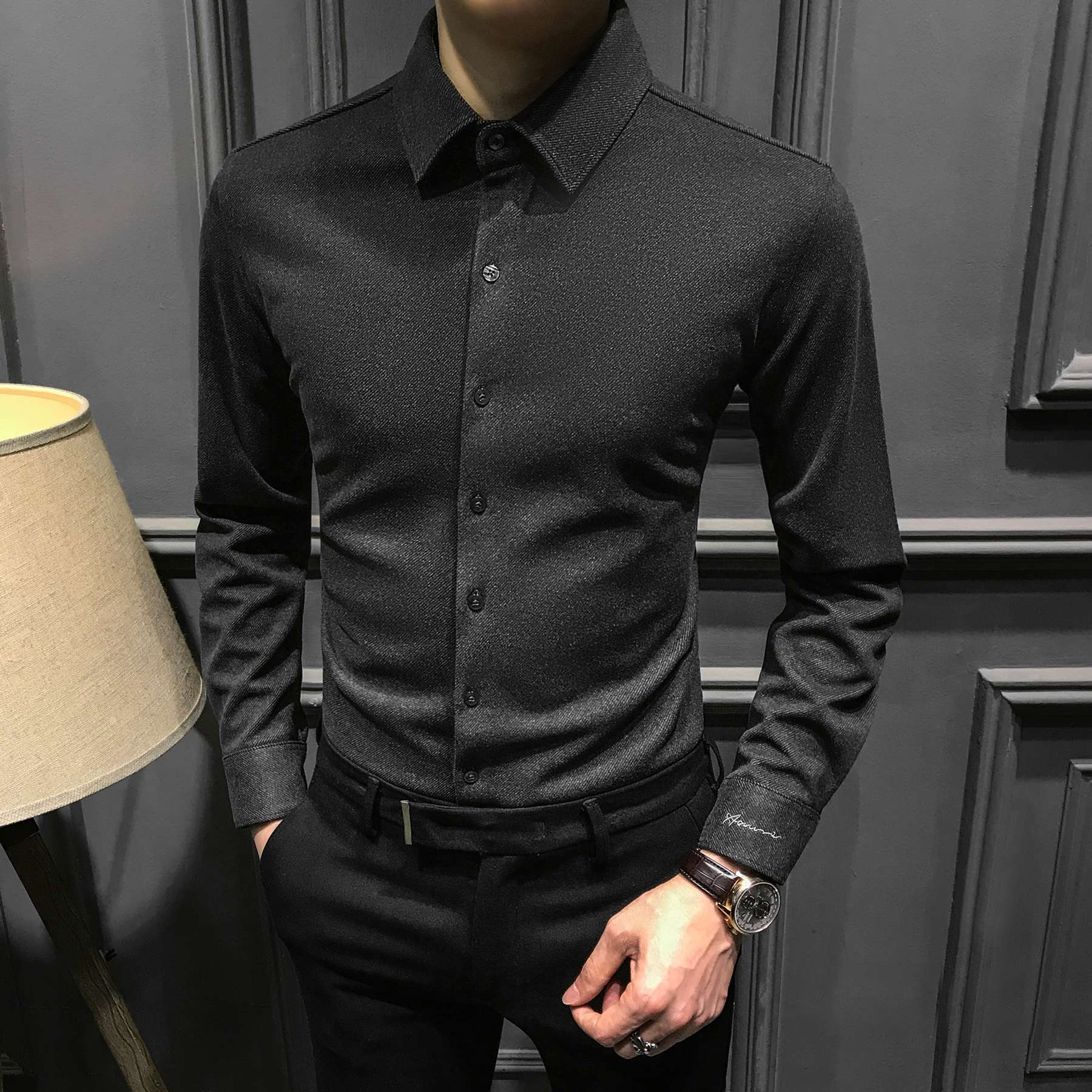 秋季保暖加绒加厚毛呢衬衫男士长袖2025新款高级磨毛修身衬衣男装