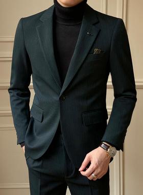 高级条纹单排扣套装西服男秋季新款时尚商务外套高档修身两件西装