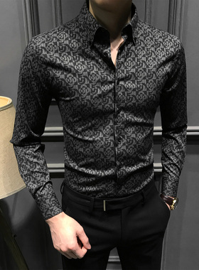 痞帅碎花男士长袖衬衫2025新款高级休闲衬衣修身高端印花商务男装