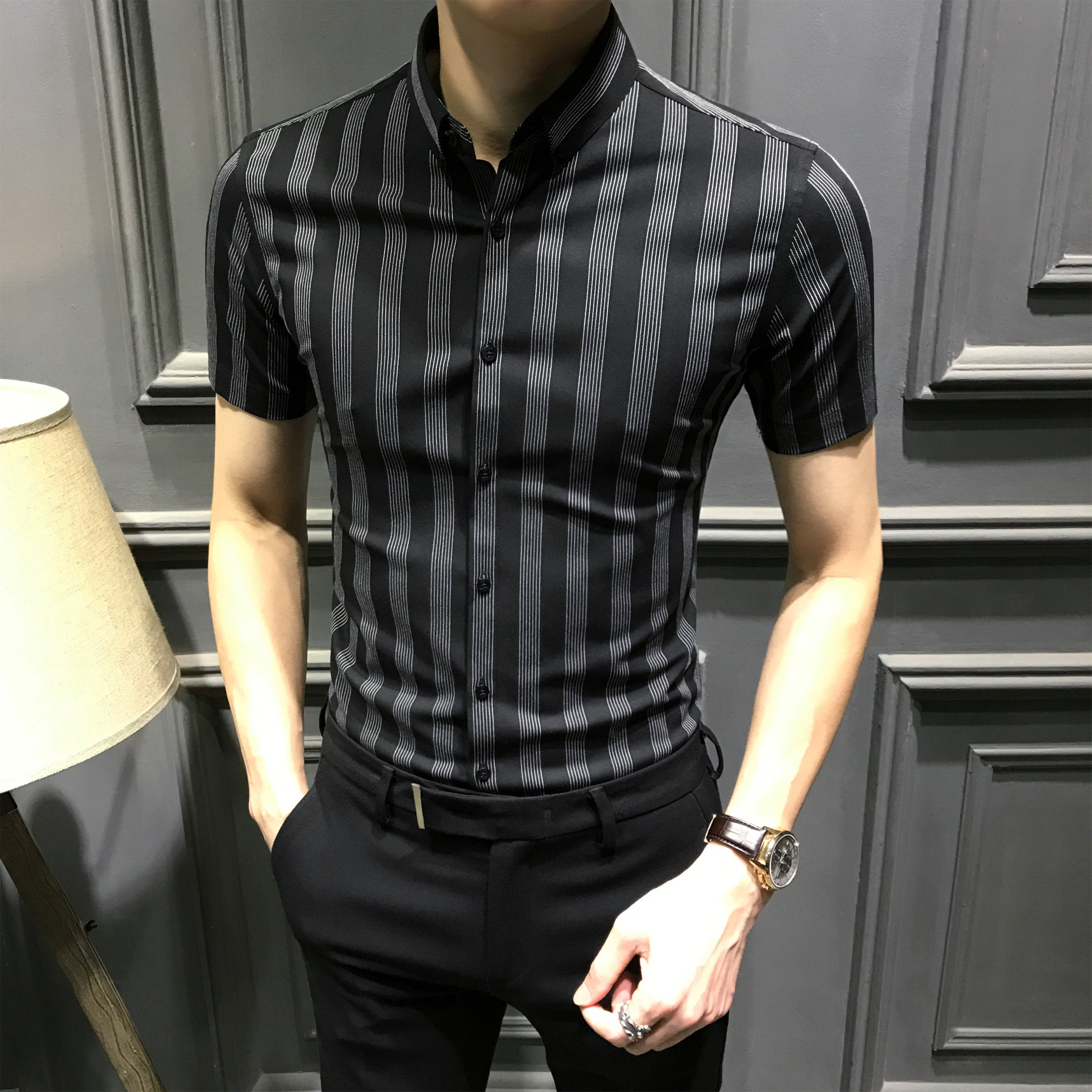夏季高级条纹男士短袖衬衫2026新款时尚半袖衬衣休闲商务修身男装