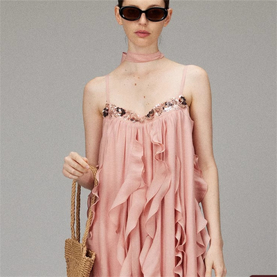 【LACERTA/莱瑟塔设计师品牌】25春夏新品珠片飘带蓬蓬吊带连衣裙